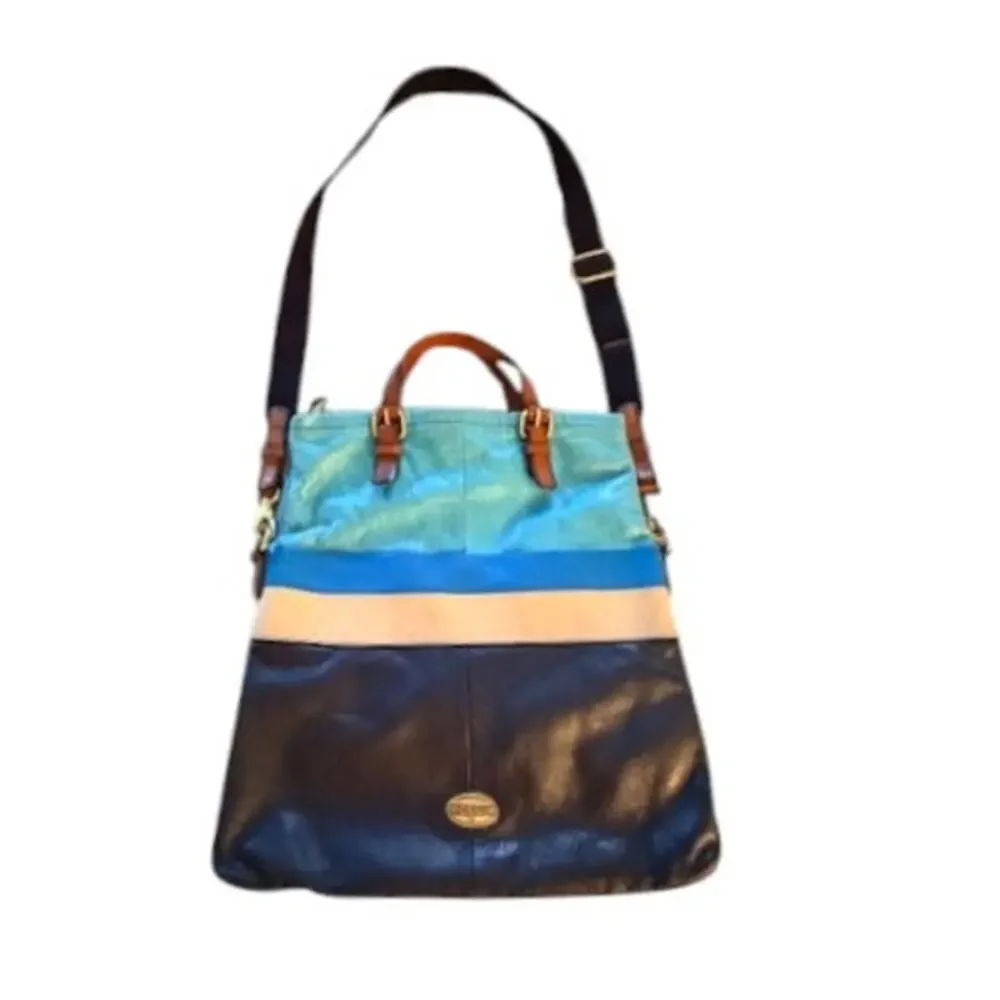 Fossil Leather Crossbody Tote Blue Brown Colorblock Convertible Bag 14